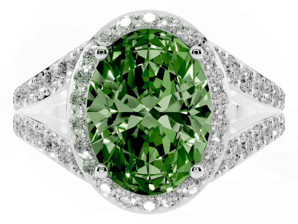 Fancy Green Oval Cut Diamond Split Shank Halo Ring with Four-Prong Setting Silver