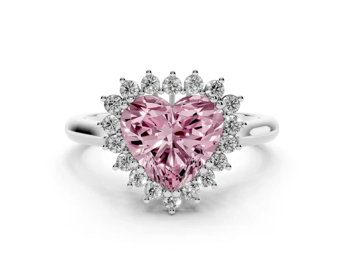 Fancy Pink Heart Cut Cut Diamond Halo Ring with Solitaire Band and Prong Setting Platinum