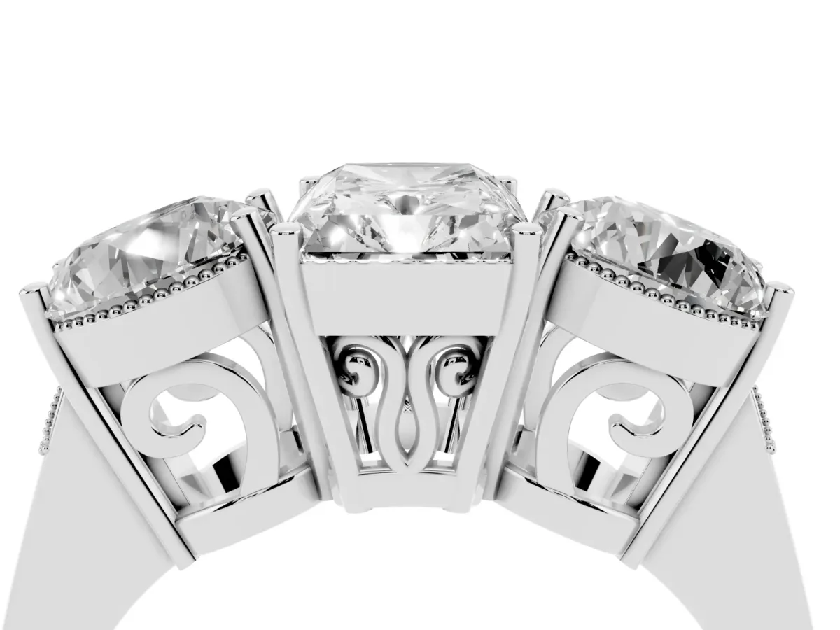 Three-Stone Radiant Cut Diamond Engagement Ring with Prong Setting on a Classic Band Silver