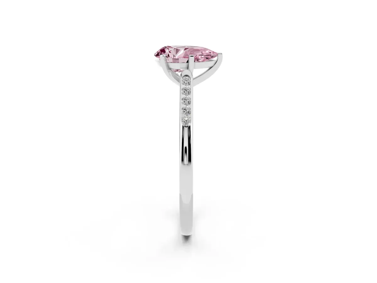Fancy Pink Pear Cut Diamond Solitaire Ring with Channel Set Round Band and Prong Setting Silver
