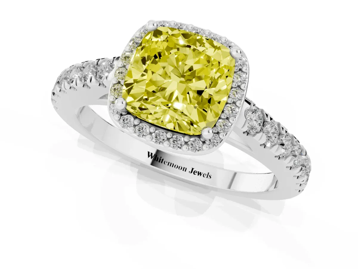 Fancy Yellow Cushion Cut Cut Halo Diamond Engagement Ring with Pave Band and Four-Prong Setting Silver
