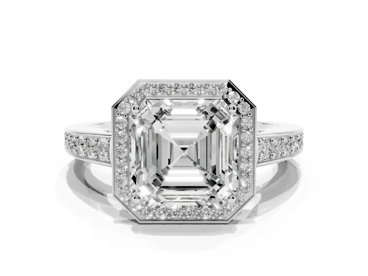 Asscher Cut Halo Pavé Diamond Engagement Ring with Bezel Setting Platinum