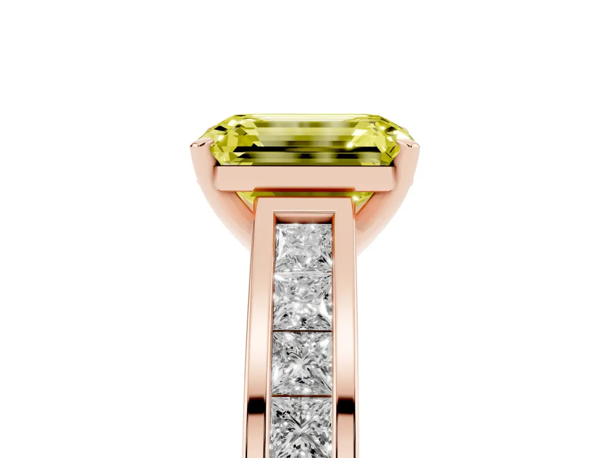 Fancy Yellow Emerald Cut Solitaire Diamond Ring with Channel-Set Band and Four-Prong Setting Rose gold
