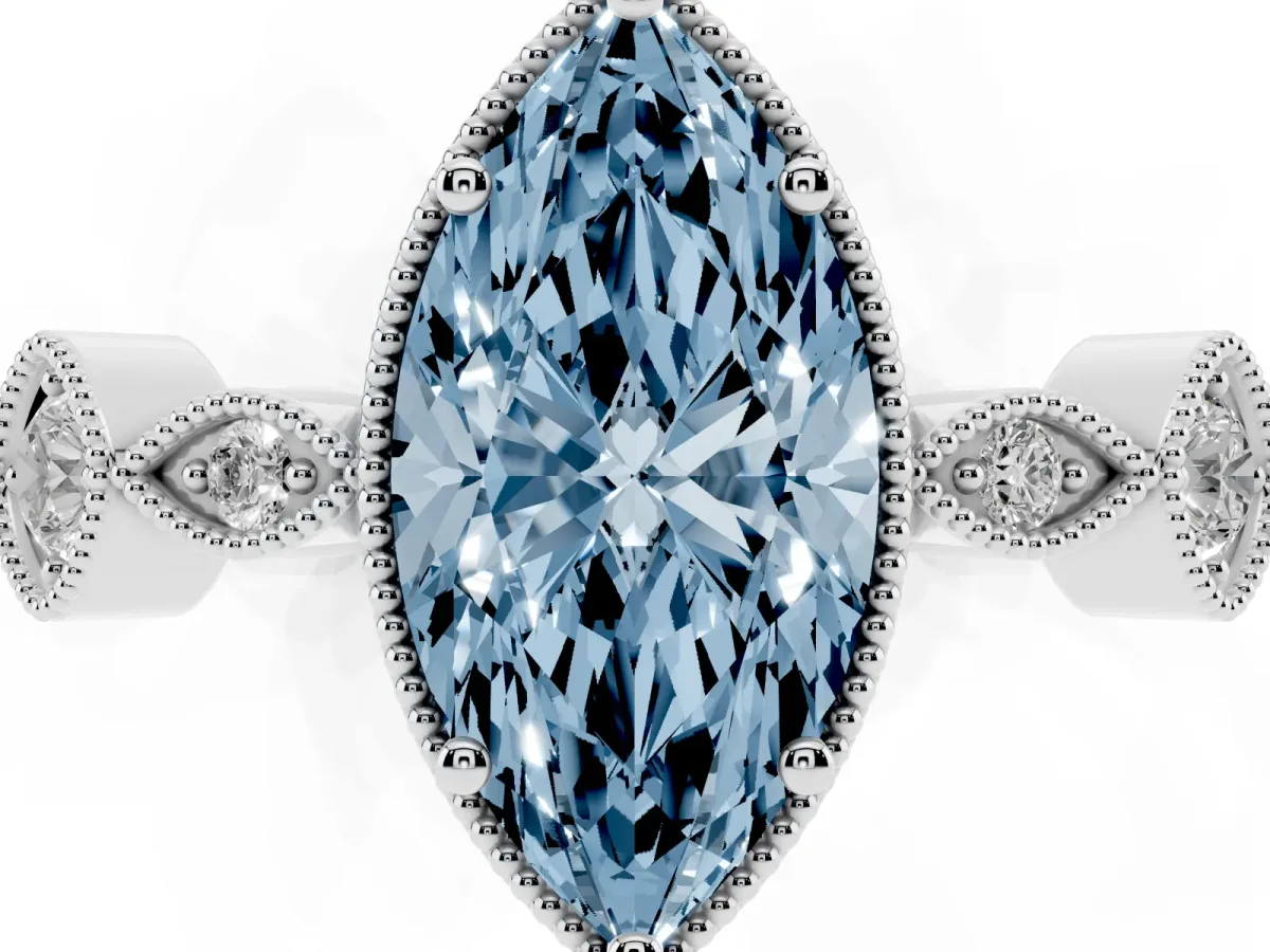 Fancy Blue Marquise Cut Diamond Vintage Milgrain Ring with Round Stations Silver