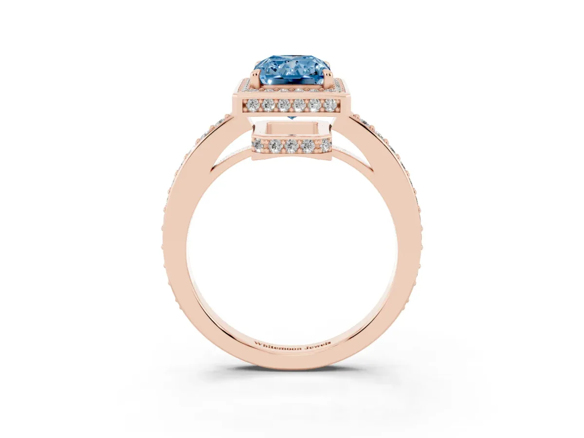 Fancy Blue Radiant Cut Halo Pave Band Solitaire Ring with Prong Setting Rose gold
