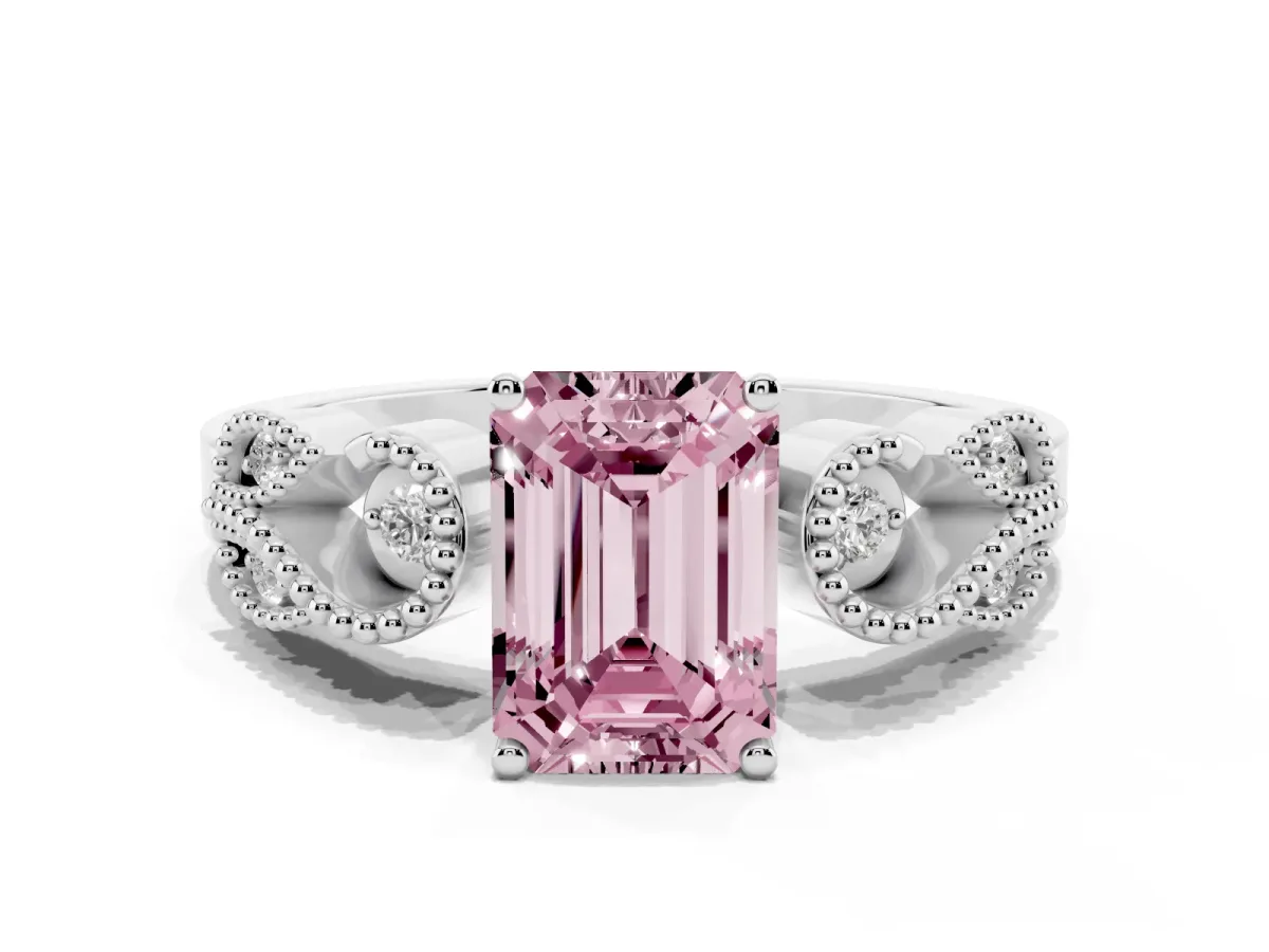 Fancy Pink Emerald Cut Solitaire Milgrain Leaf Band with Prong Setting Silver