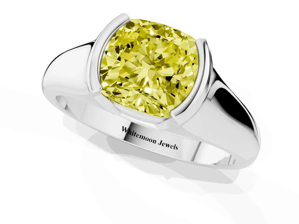 Fancy Yellow Cushion Cut Solitaire Tension Set Diamond Ring with Split Shank Band Platinum