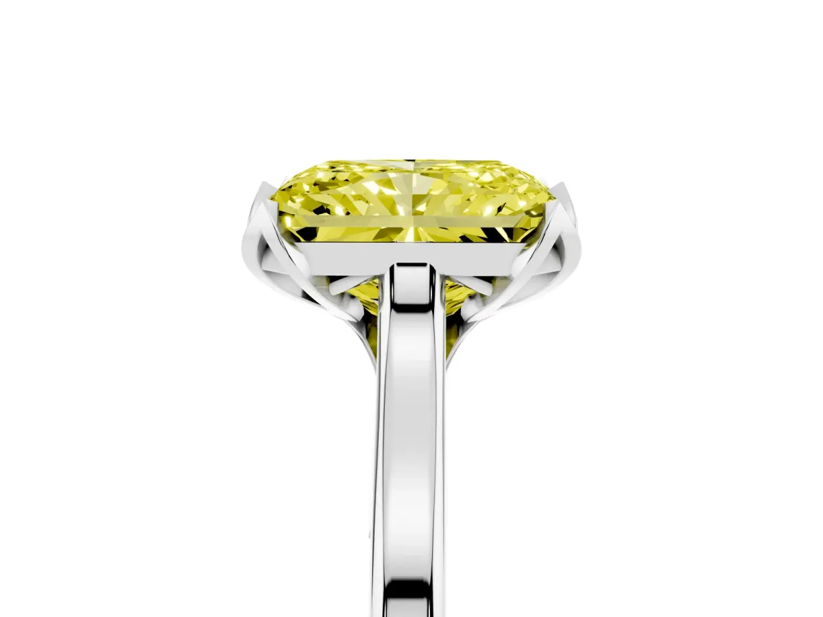 Fancy Yellow Radiant Cut Diamond Solitaire Ring with Flower Prong Setting and Classic Band Platinum