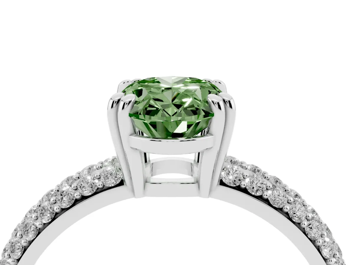 Fancy Green Oval Cut Diamond Solitaire Ring with Multi-Row Round Pavé Band and Prong Setting Silver