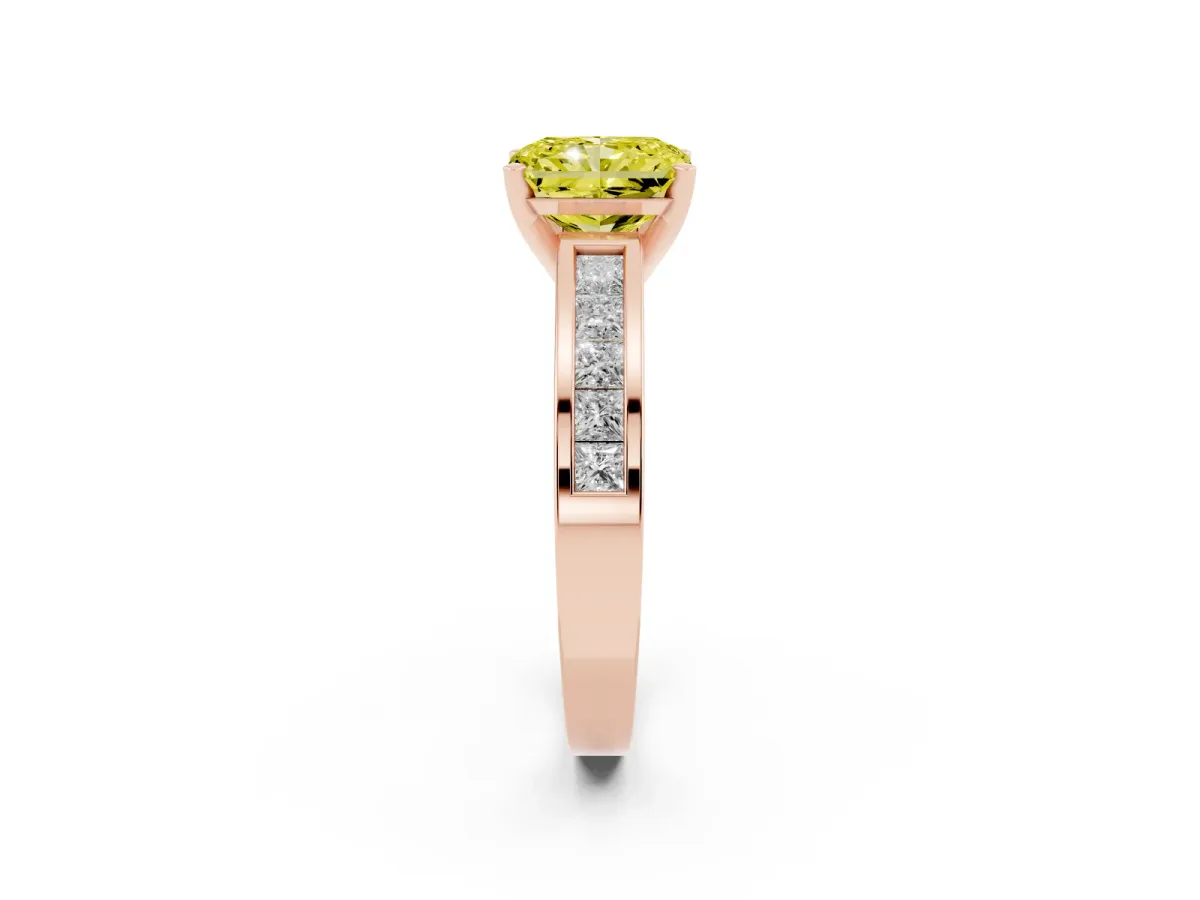 Fancy Yellow Radiant Cut Solitaire Diamond Ring with Channel-Set Band and Four-Prong Setting Rose gold