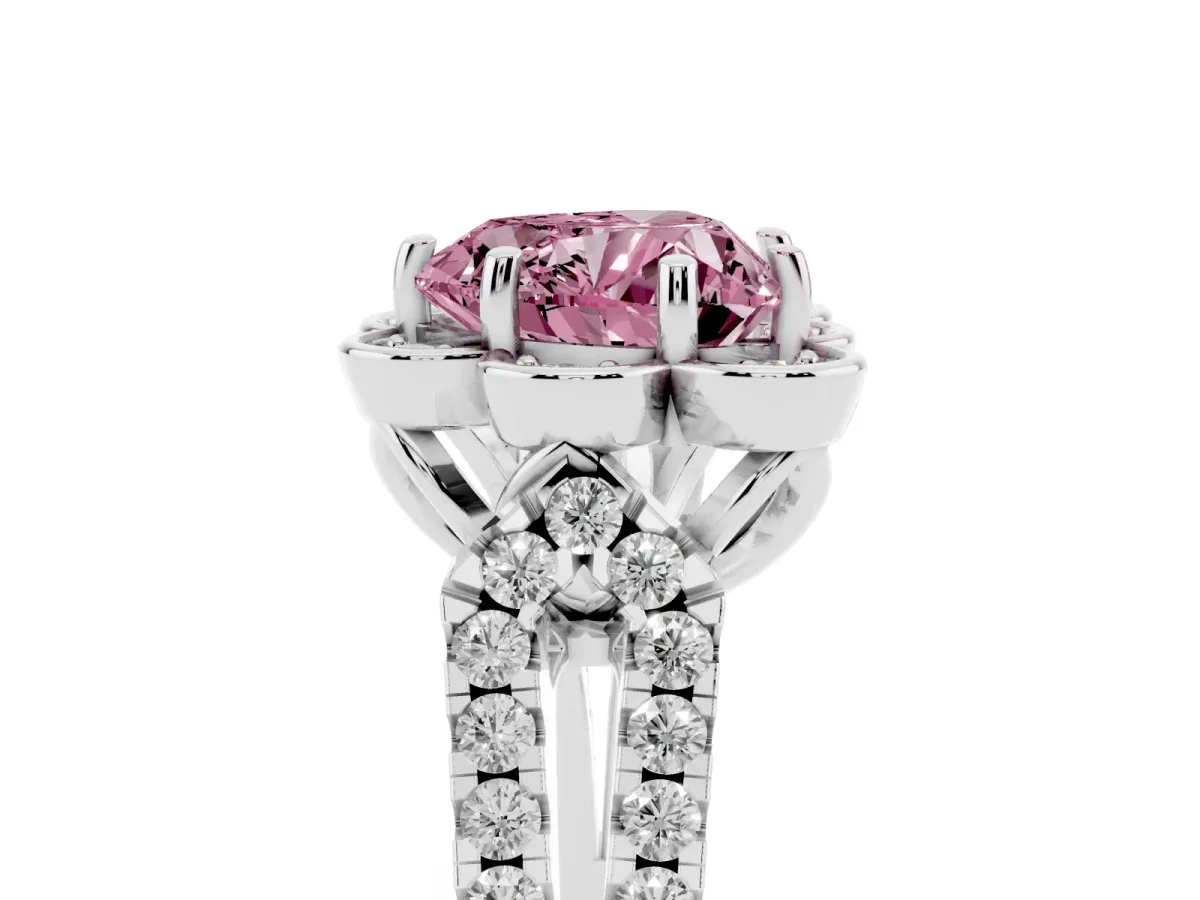Fancy Pink Heart Cut Halo Diamond Floral Split Shank Engagement Ring Silver