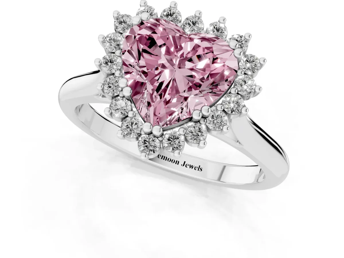 Fancy Pink Heart Cut Cut Diamond Halo Ring with Solitaire Band and Prong Setting Platinum