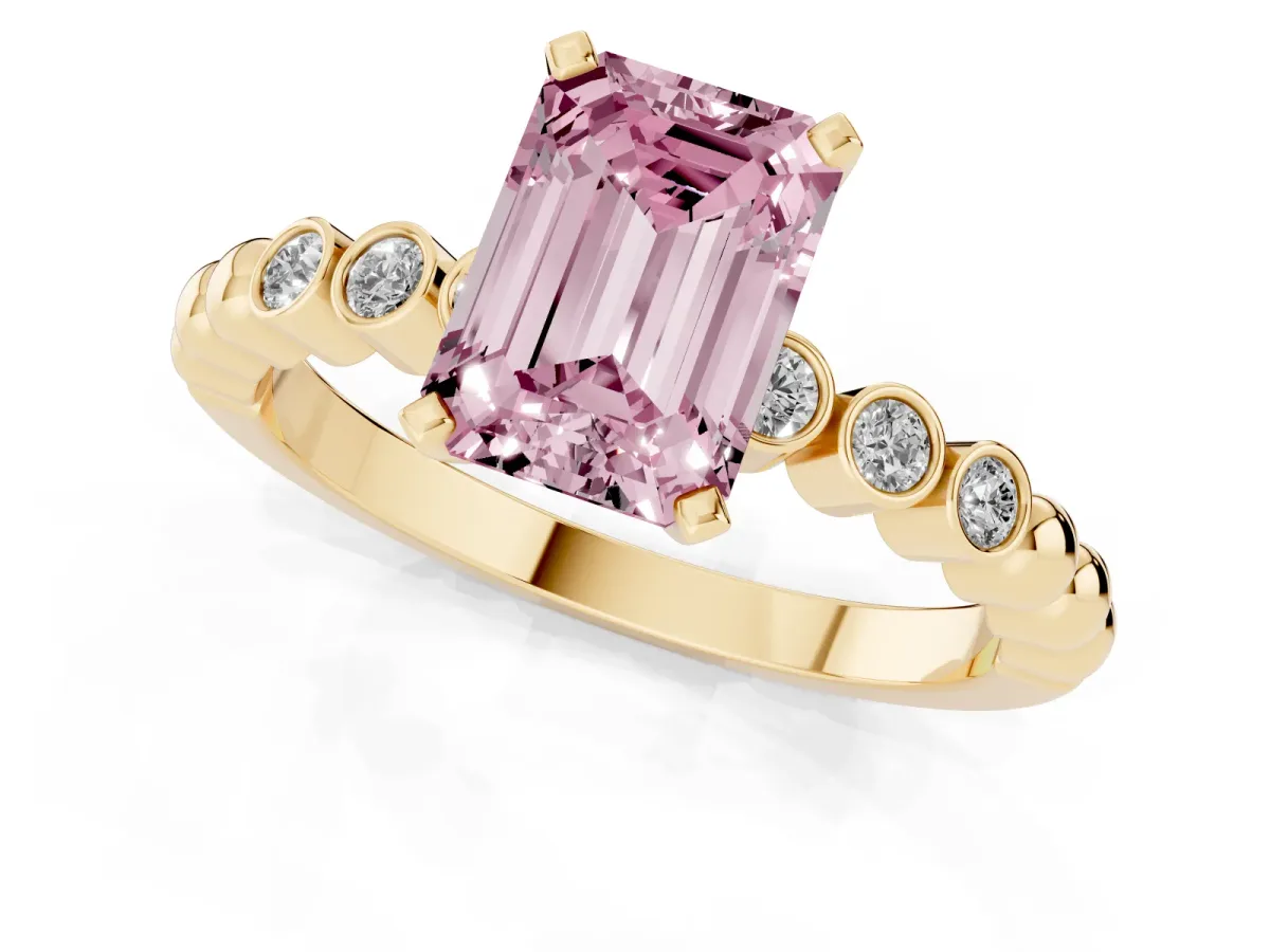 Fancy Pink Emerald Cut Solitaire Bezel Accent Diamond Engagement Ring with Beaded Band and Four-Prong Setting Yellow gold