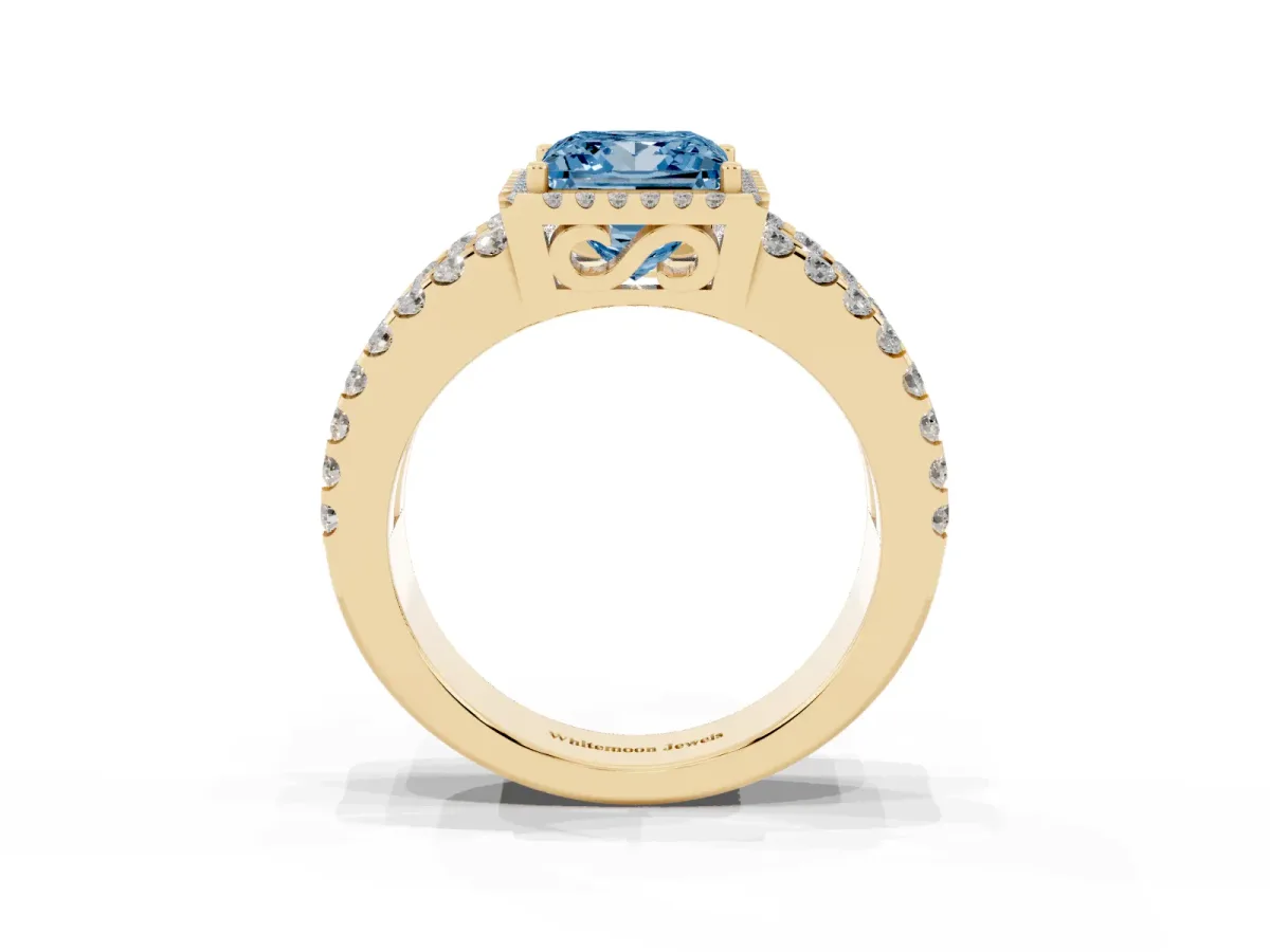 Fancy Blue Princess Cut Cut Halo Split Shank Diamond Ring with Four-Prong Setting Yellow gold