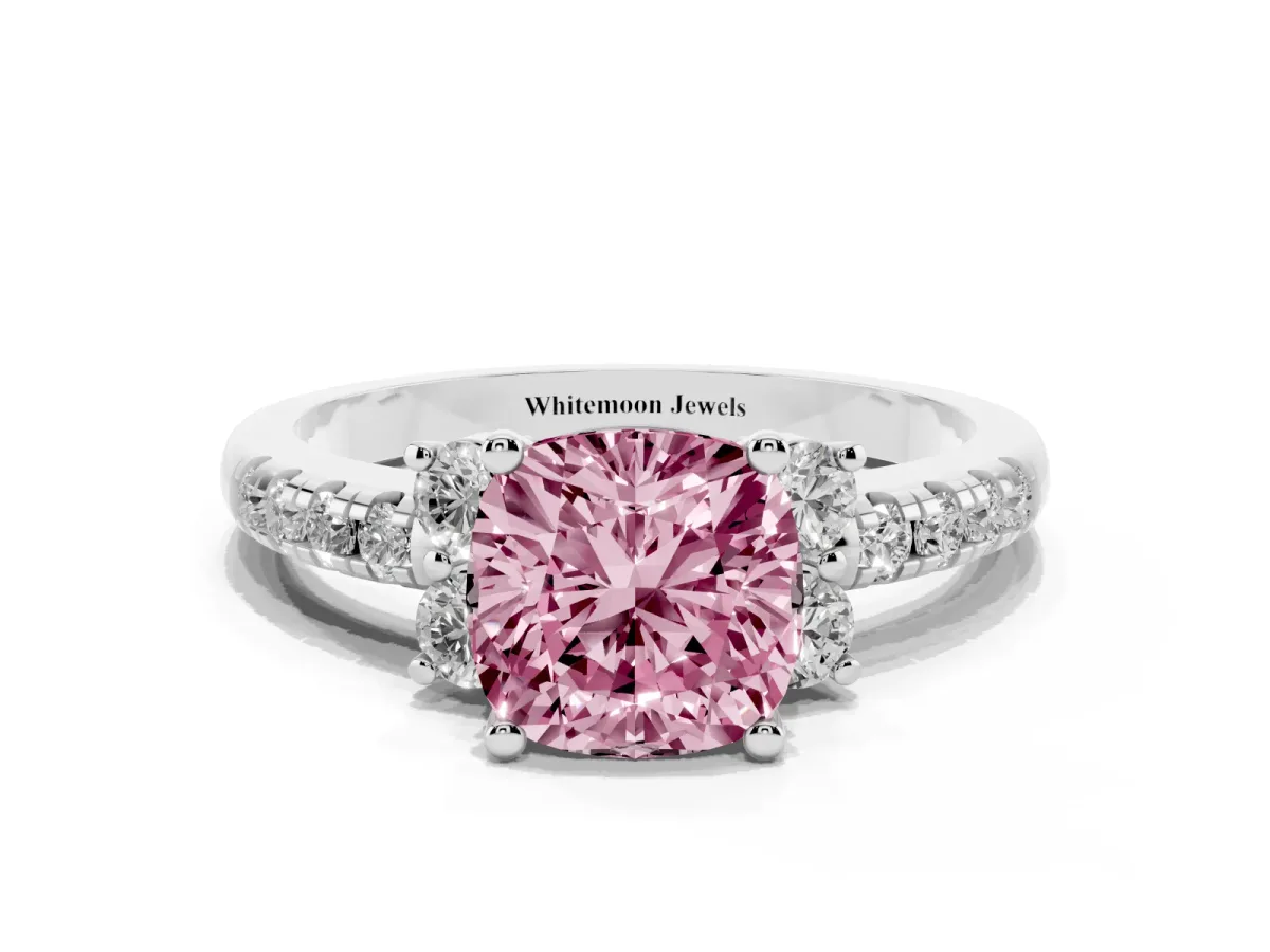 Fancy Pink Cushion Cut Diamond Three-Stone Pave Band with Four-Prong Setting Silver
