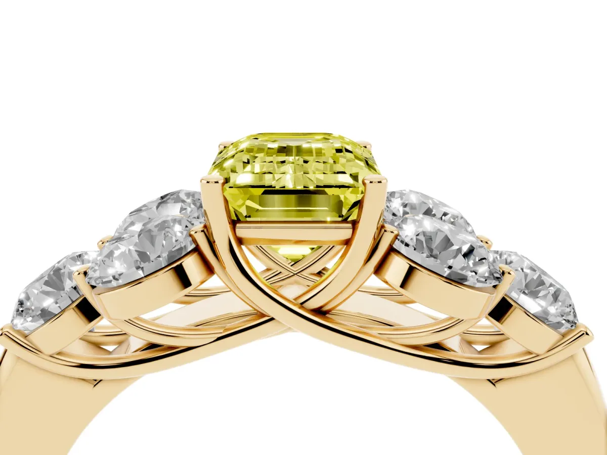 Fancy Yellow Emerald Cut Cut Diamond Cluster Ring with Round Accent Stones and Prong Setting on a Classic Band Yellow gold
