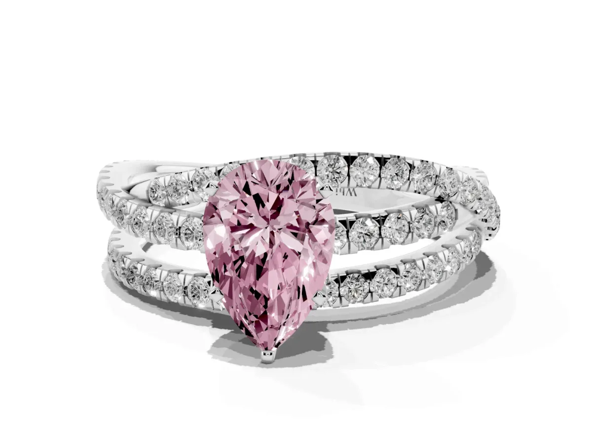 Fancy Pink Pear Cut Solitaire Twist Band with Pavé Setting and Four-Prong Setting Silver