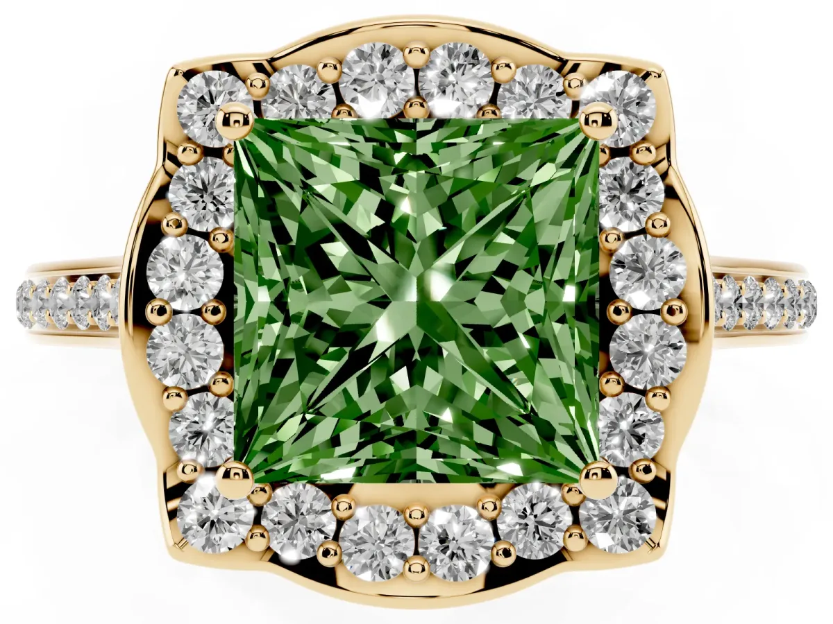 Fancy Green Princess Cut Halo Round Diamond Pave Band with Four-Prong Setting Yellow gold