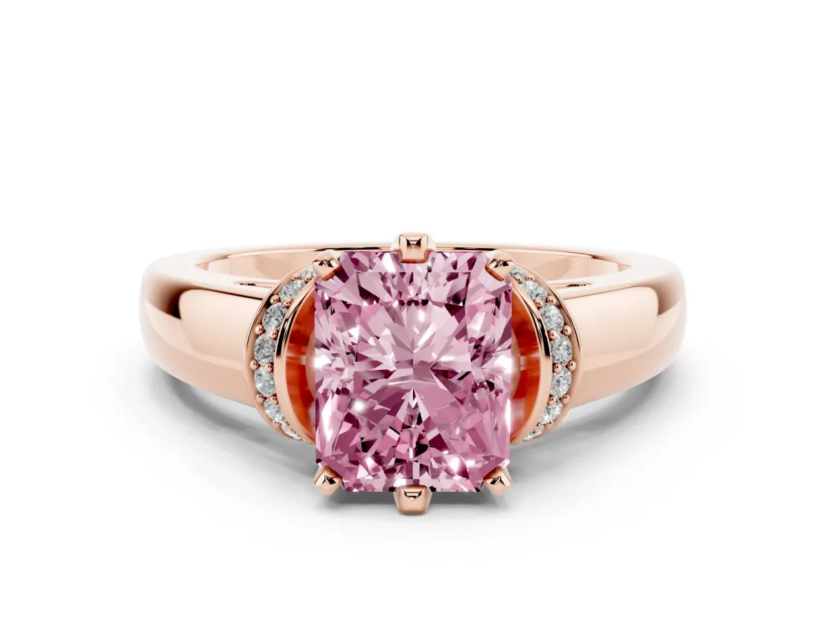 Fancy Pink Radiant Cut Solitaire Diamond Ring with Pave Band and Six-Prong Setting Rose gold