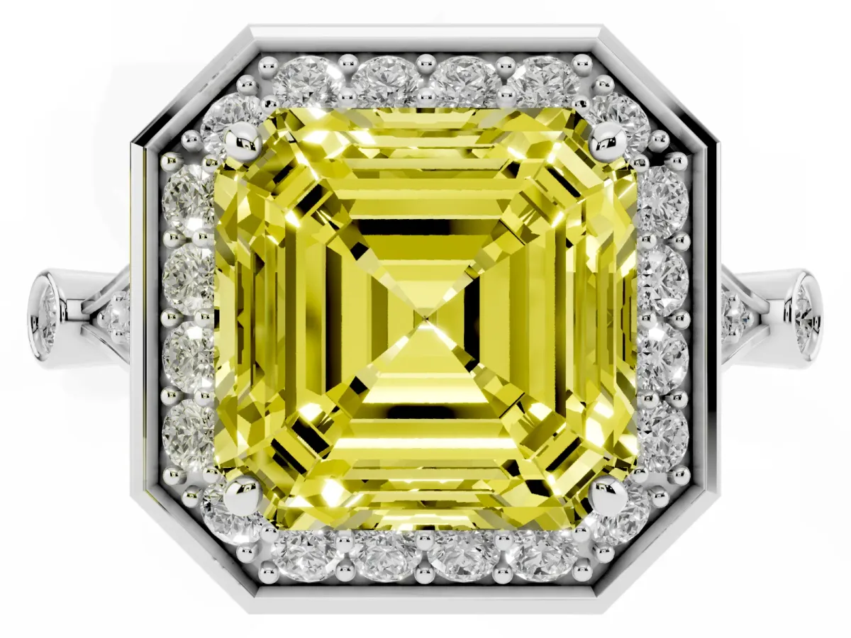 Fancy Yellow Asscher Cut Halo Diamond Engagement Ring with Twisted Band and Four-Prong Setting Silver
