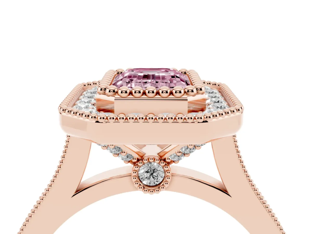 Fancy Pink Emerald Cut Diamond Halo Ring with Milgrain Frame and Pavé Band Rose gold