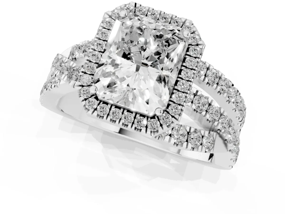 Radiant Cut Diamond Halo Ring with Round Split Shank and Prong Setting Silver