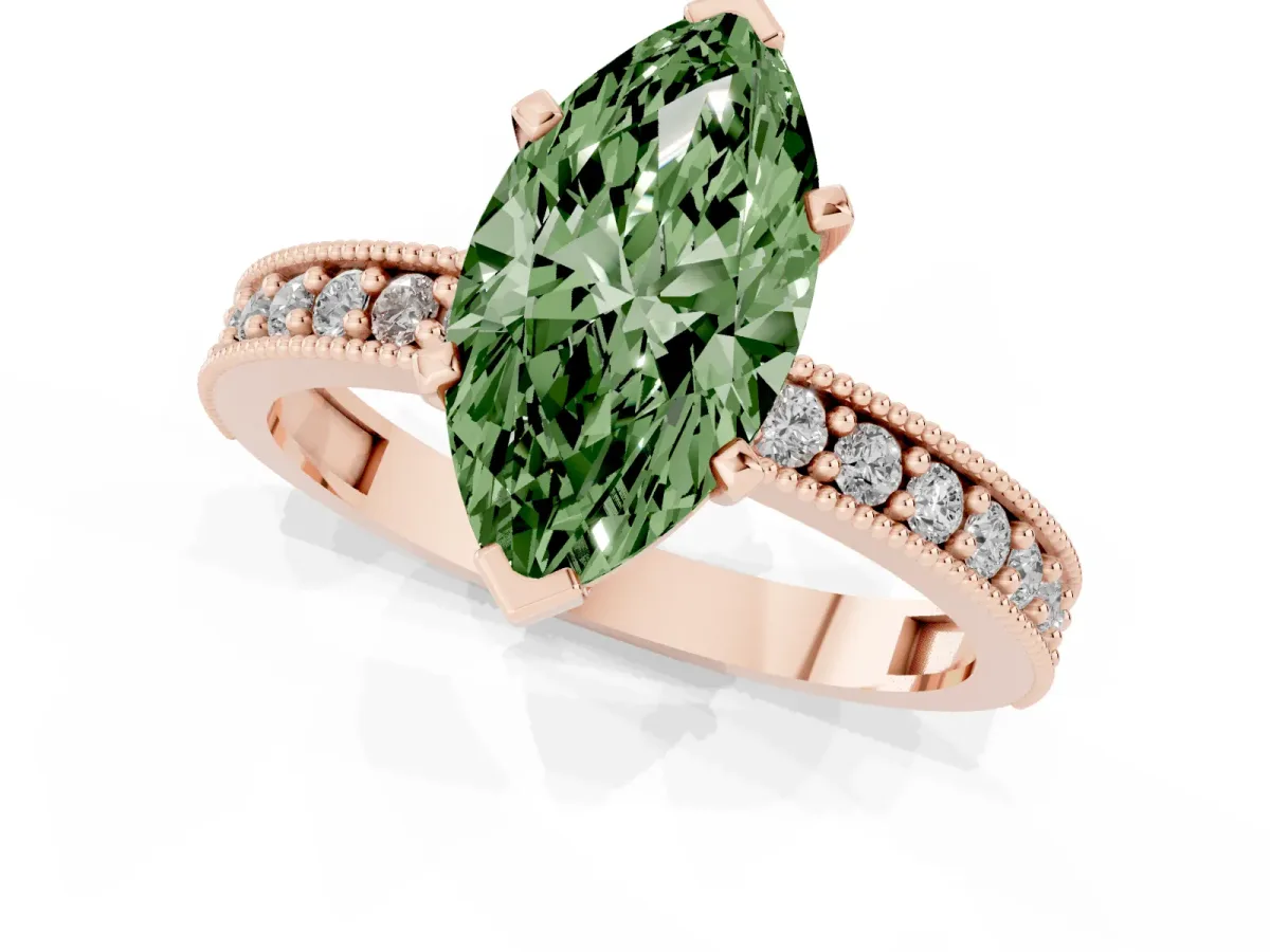 Fancy Green Marquise Cut Diamond Milgrain Pavé Engagement Ring with Four-Prong Setting Rose gold