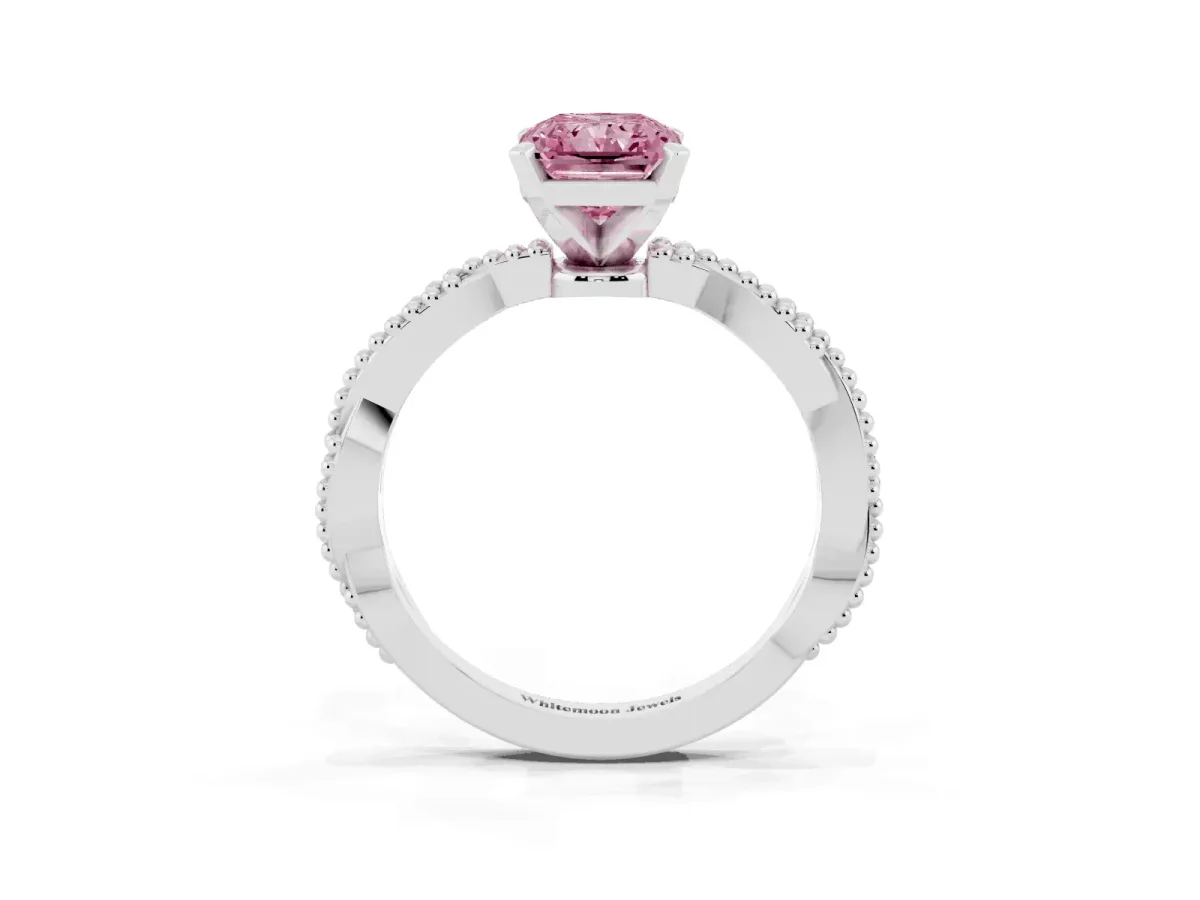 Fancy Pink Radiant Cut Solitaire Twisted Band with Bead Prong Setting Silver