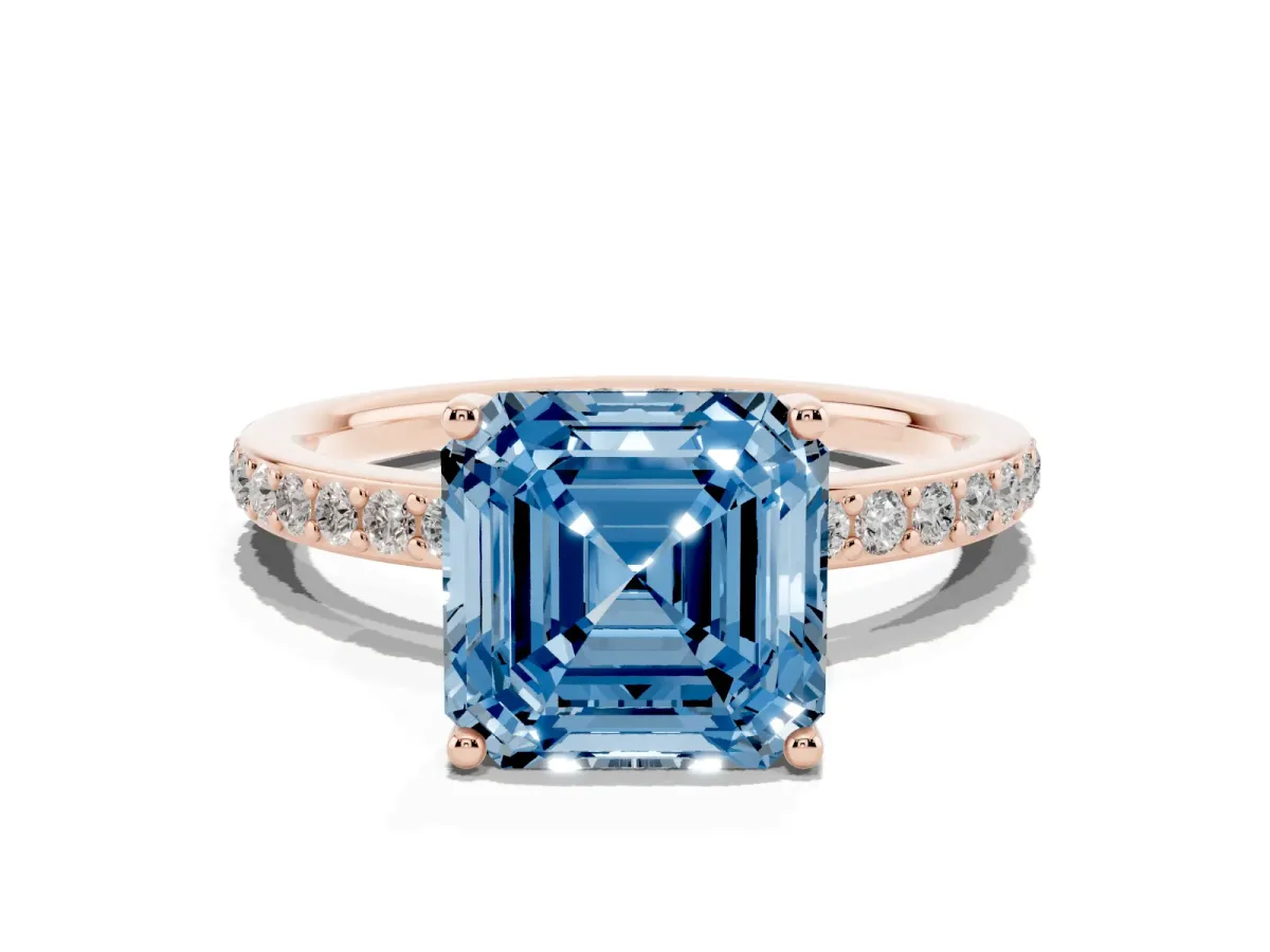 Fancy Blue Asscher Cut Cut Diamond Pavé Band Ring with Four-Prong Setting Rose gold