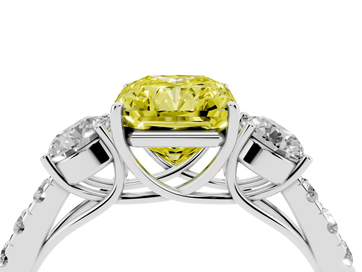 Fancy Yellow Radiant Cut Cut Diamond Three-Stone Ring with Round Side Stones and Pavé Band Silver