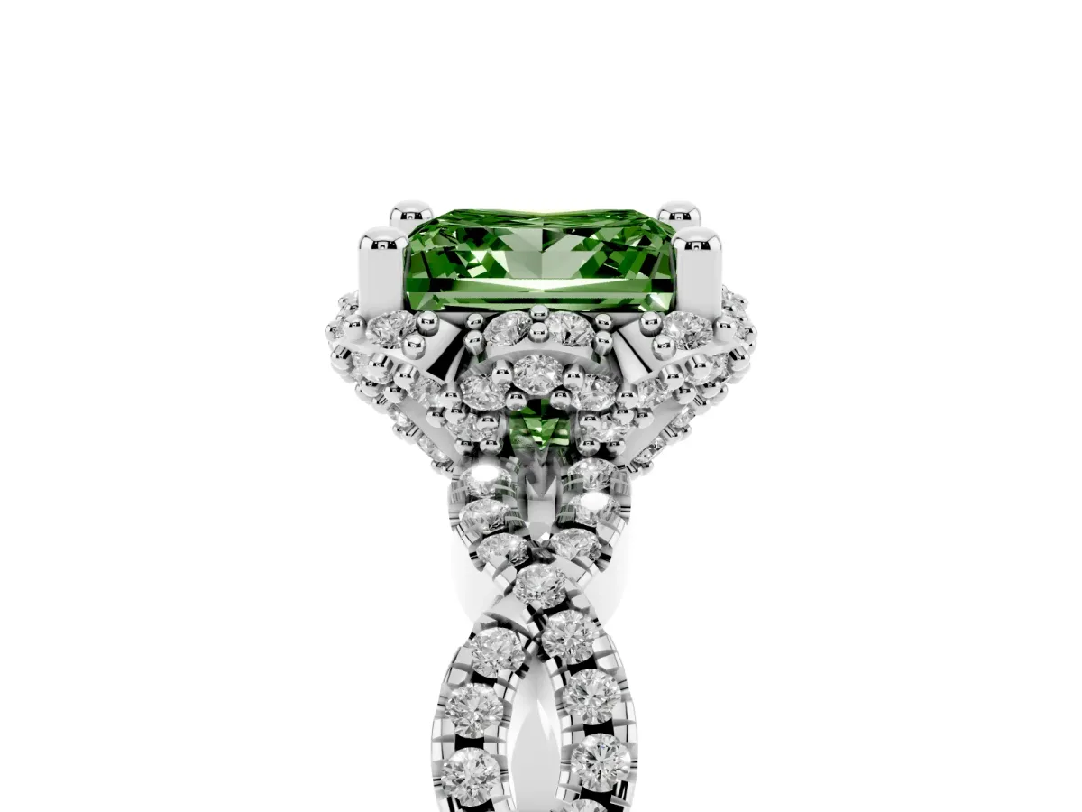 Fancy Green Princess Cut Halo Twist Band Solitaire Ring with Six-Prong Setting Silver