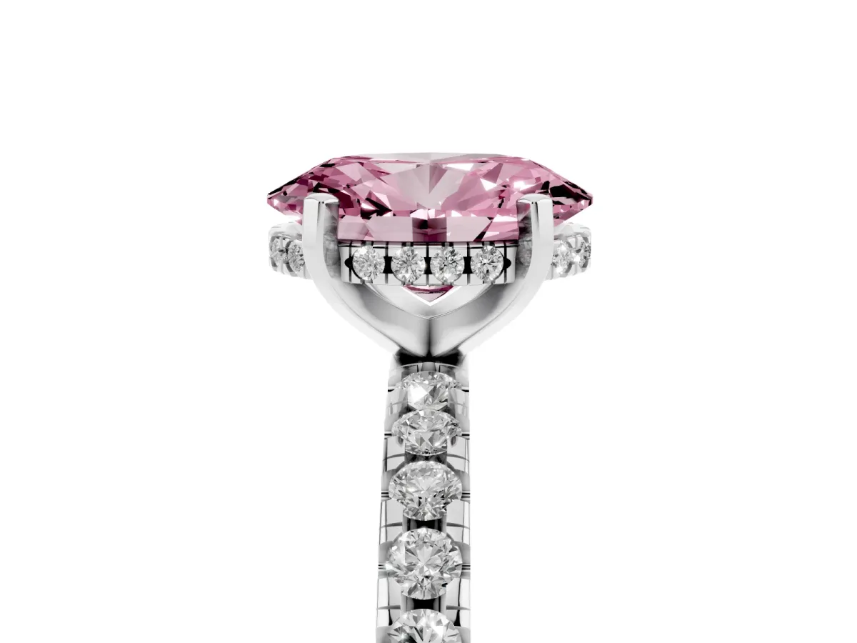 Fancy Pink Oval Cut Diamond Solitaire Ring with Round Pavé Band and Four-Prong Setting Silver
