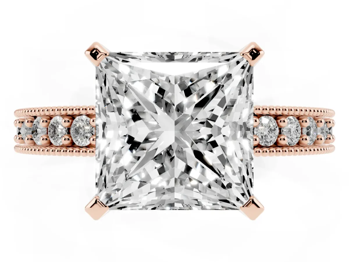 Princess Cut Diamond Milgrain Pavé Engagement Ring with Four-Prong Setting Rose gold