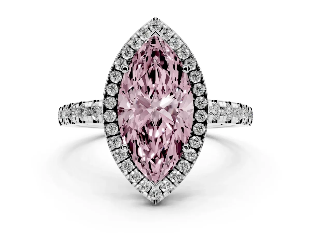 Fancy Pink Marquise Cut Diamond Halo Ring with Pavé Band and Four-Prong Setting White gold