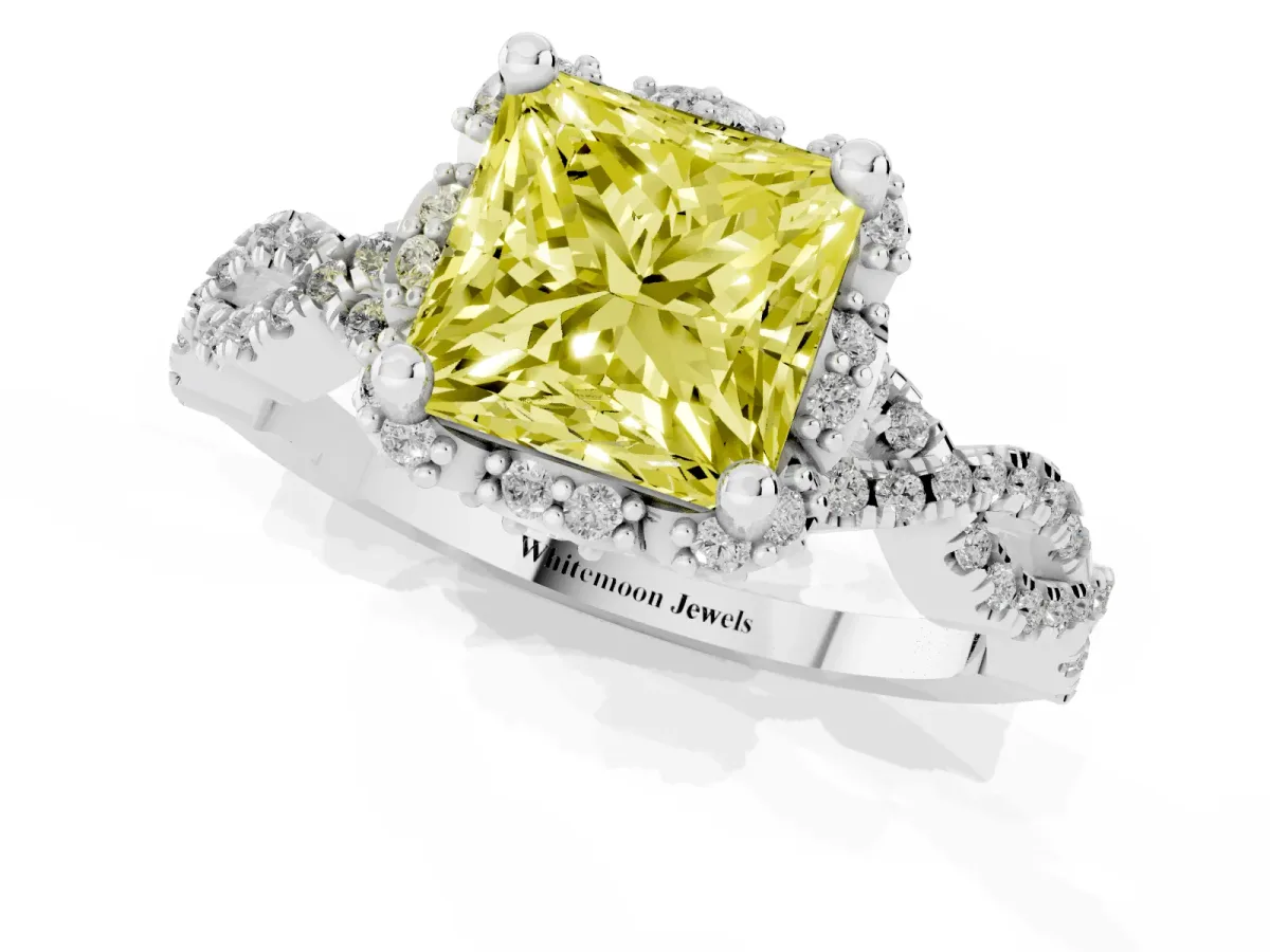 Fancy Yellow Princess Cut Halo Twist Band Solitaire Ring with Six-Prong Setting Silver