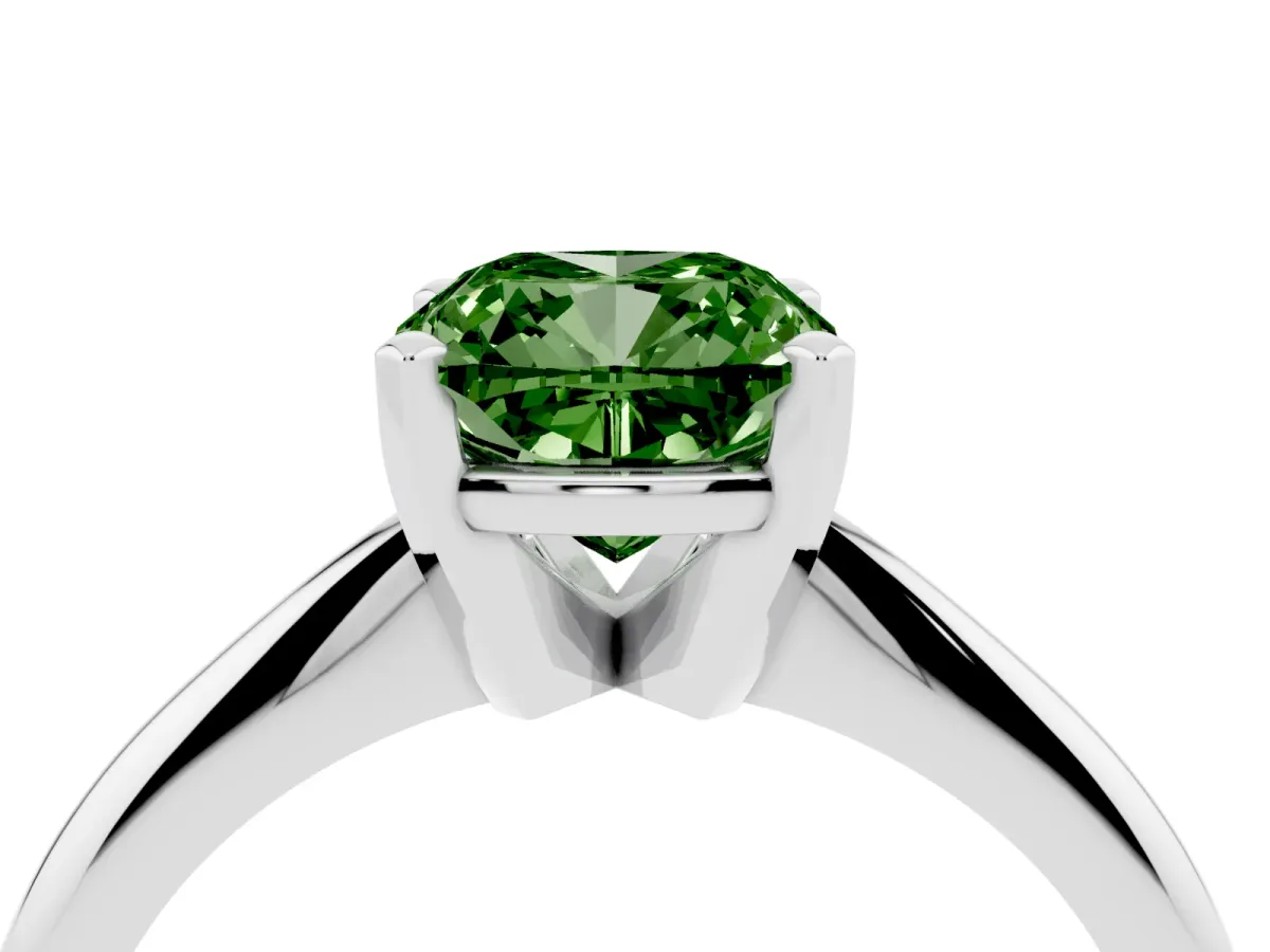 Fancy Green Cushion Cut Cut Solitaire Ring with Four-Prong Setting on a Classic Band Silver