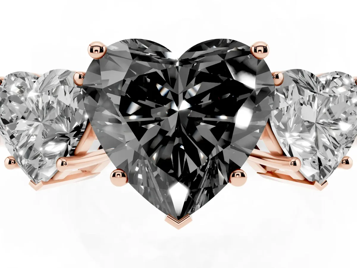Fancy Black Three-Stone Heart Cut Cut Diamond Engagement Ring with Flat Band and Four-Prong Setting Rose gold