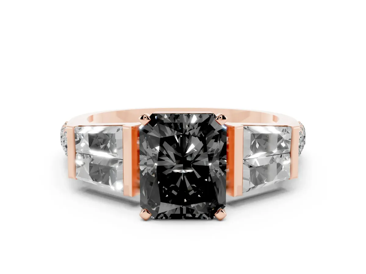 Fancy Black Radiant Cut Diamond Engagement Ring with Baguette Side Stones and Channel Set Band Rose gold