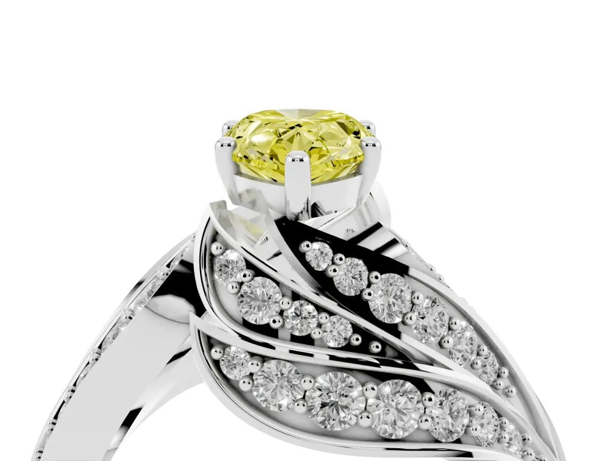 Fancy Yellow Pear Cut Diamond Solitaire Ring with Prong Setting and Twisted Pavé Band Silver
