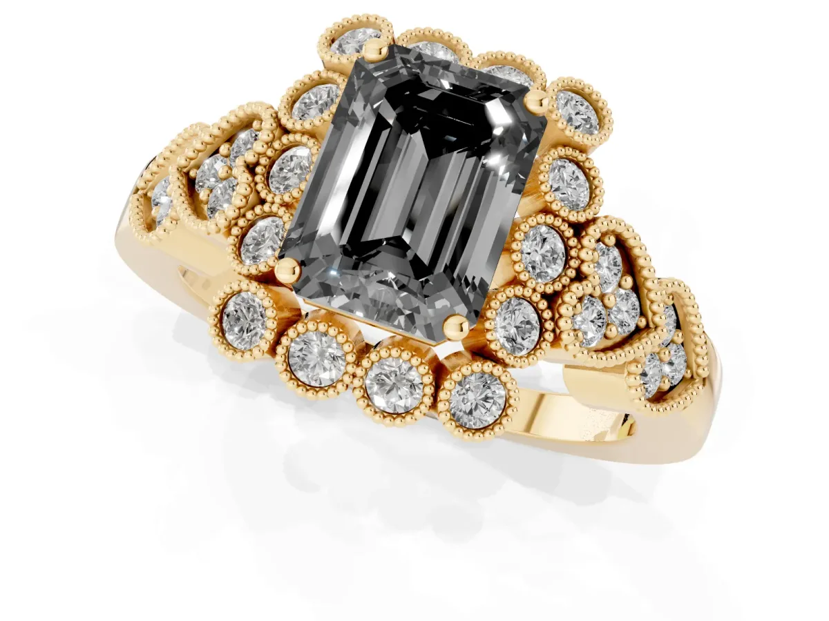 Fancy Black Emerald Cut Brilliant Milgrain Pave Heart Band Solitaire Ring Yellow gold