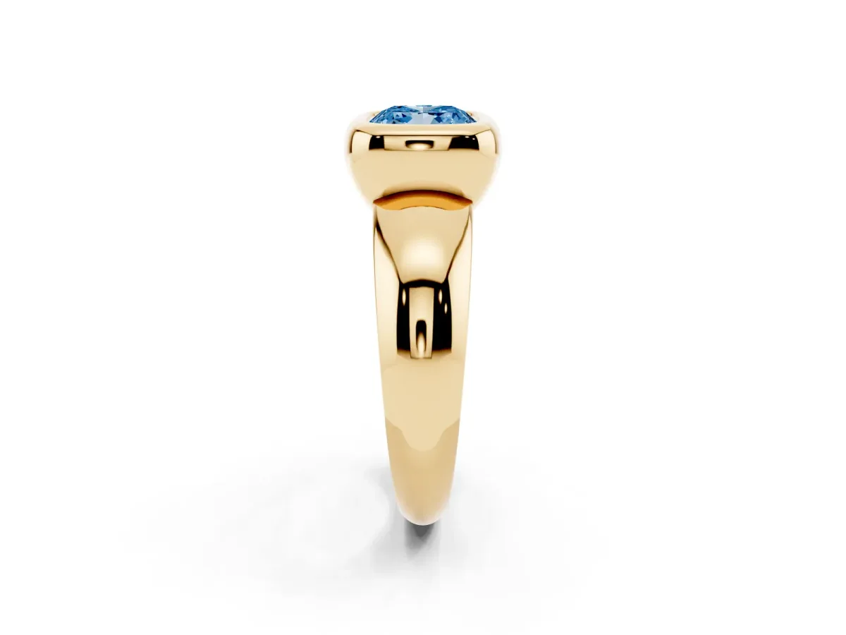 Fancy Blue Bezel Set Cushion Cut Solitaire Ring with Wide Band Yellow gold