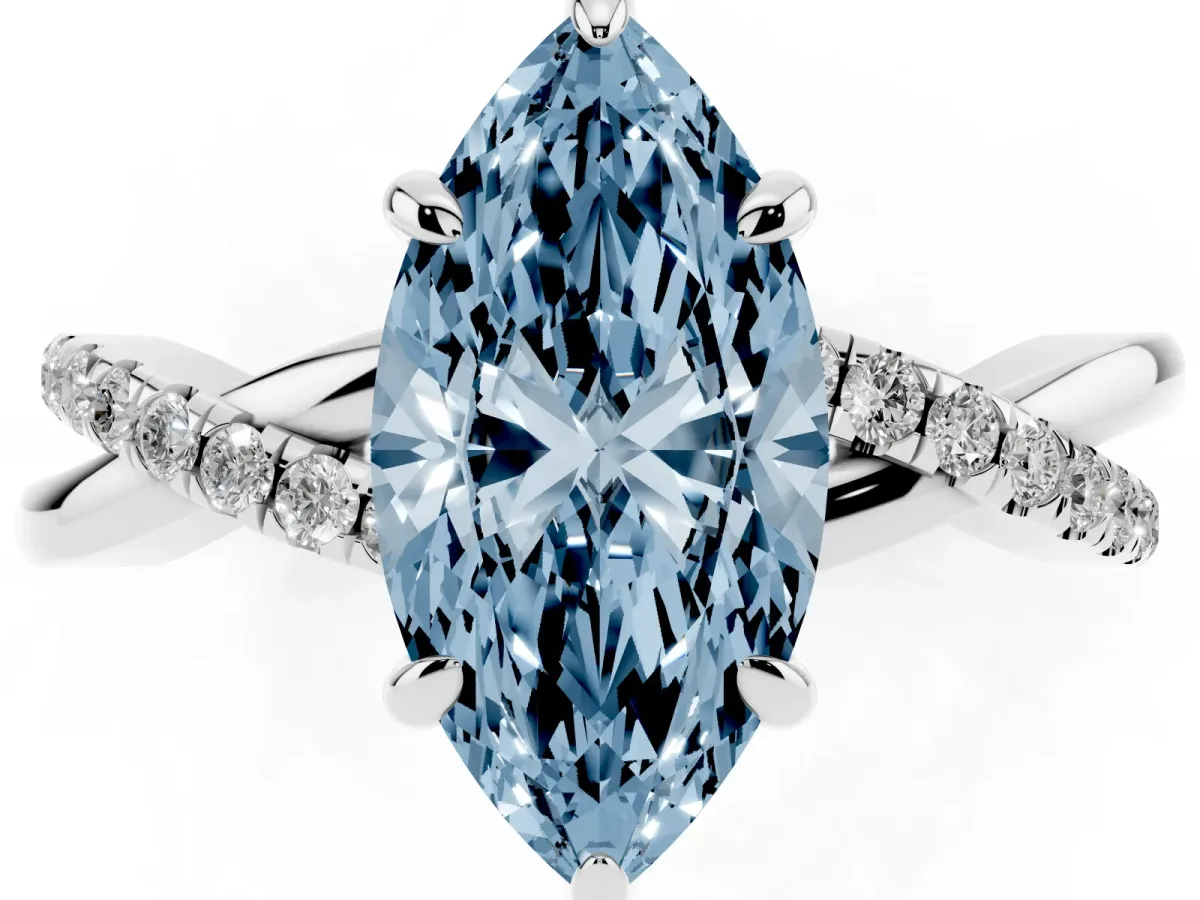 Fancy Blue Marquise Cut Cut Diamond Twist Band Solitaire with Prong Setting Silver