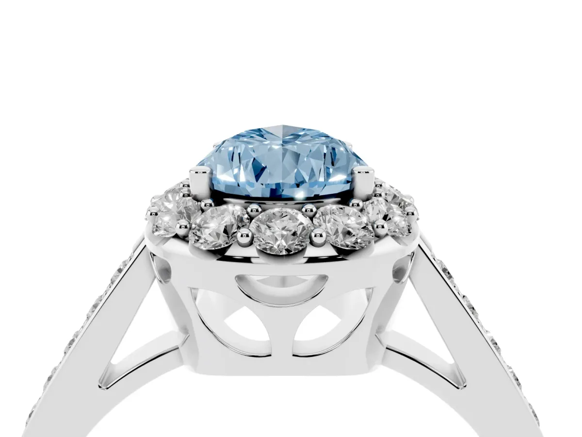 Fancy Blue Pear Cut Diamond Floral Halo Ring with Pavé Band and Prong Setting White gold
