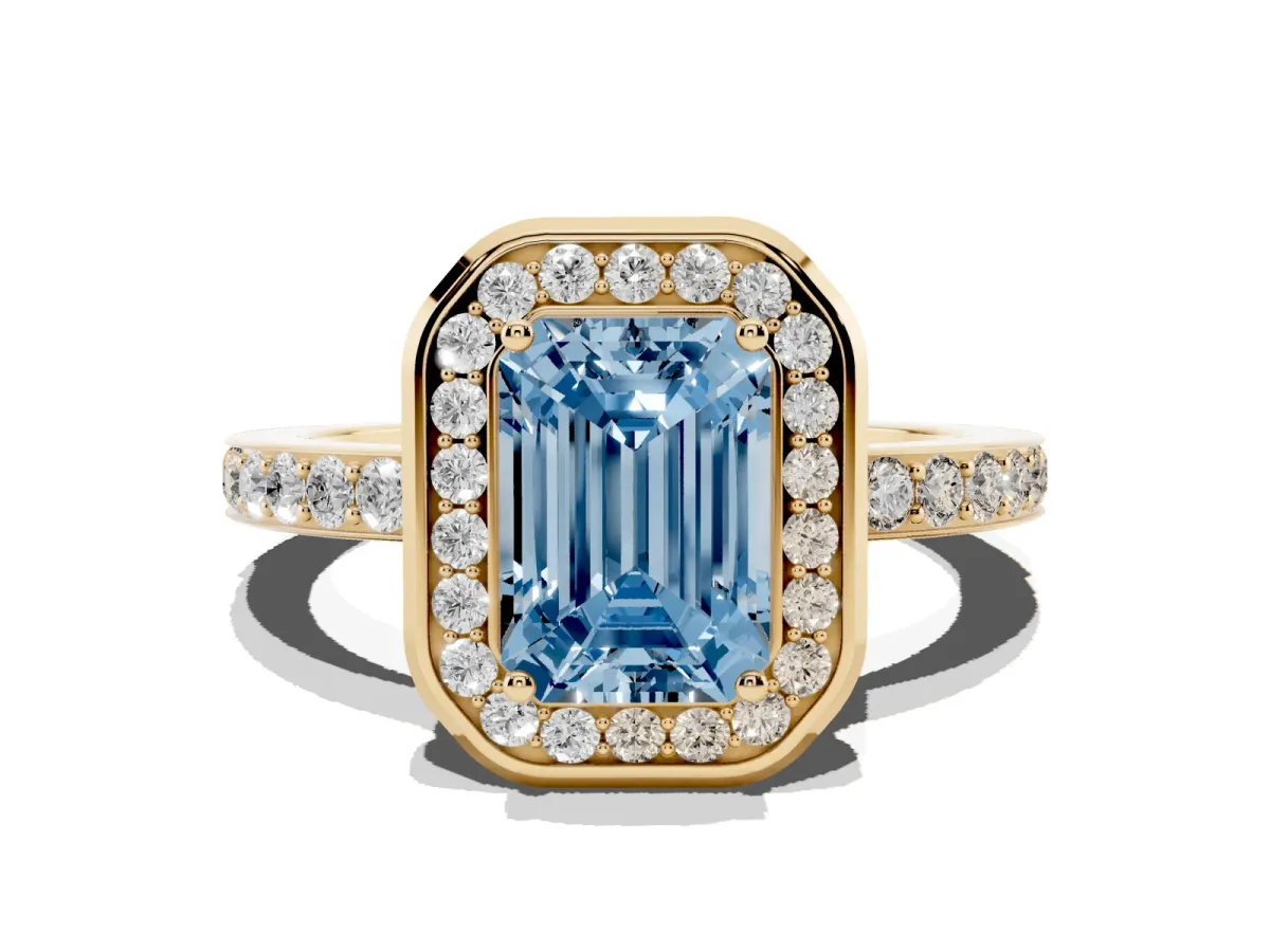 Fancy Blue Emerald Cut Diamond Halo Ring with Bezel Frame and Pavé Band Yellow gold