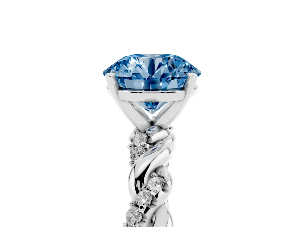 Fancy Blue Round Cut Diamond Solitaire Ring with Twisted Band and Pavé Accents Silver