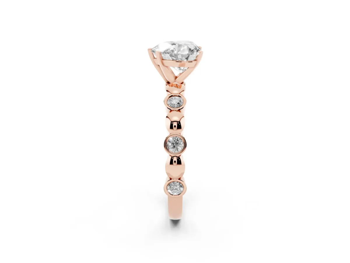 Heart Cut Solitaire Bezel-Set Diamond Ring with Beaded Band and Four-Prong Setting Rose gold