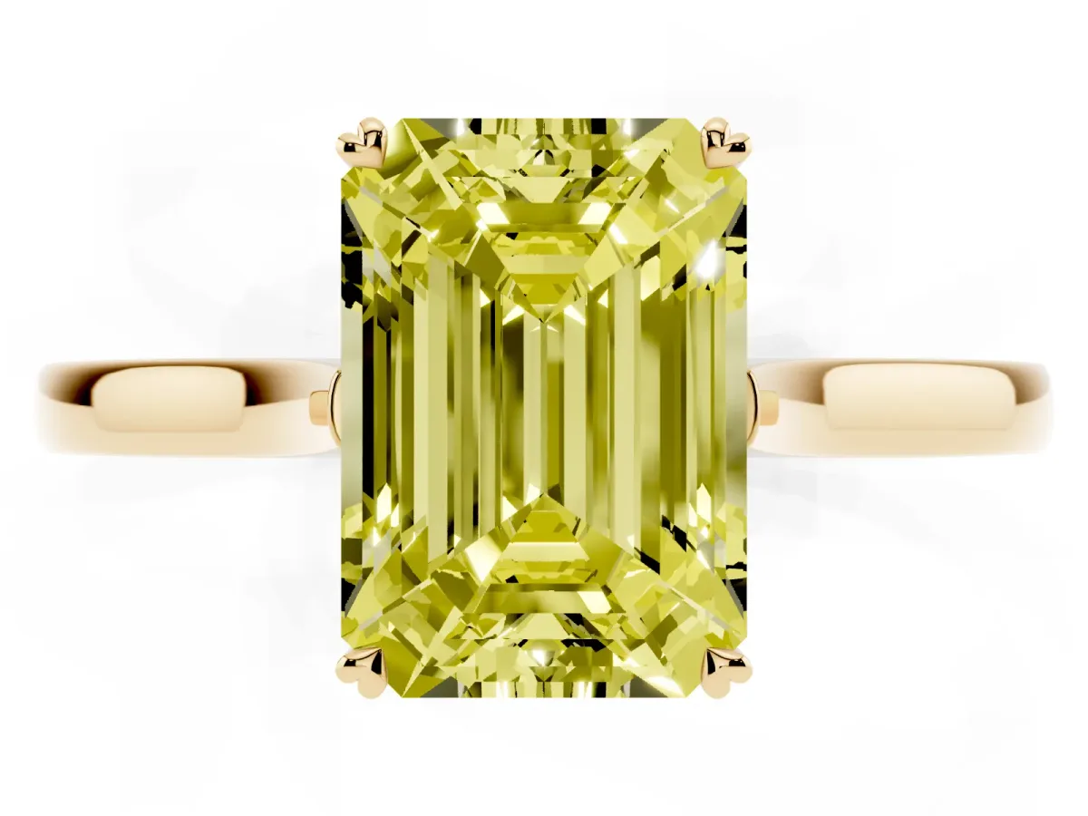 Fancy Yellow Emerald Cut Solitaire Heart Prong Engagement Ring with Tapered Band Yellow gold
