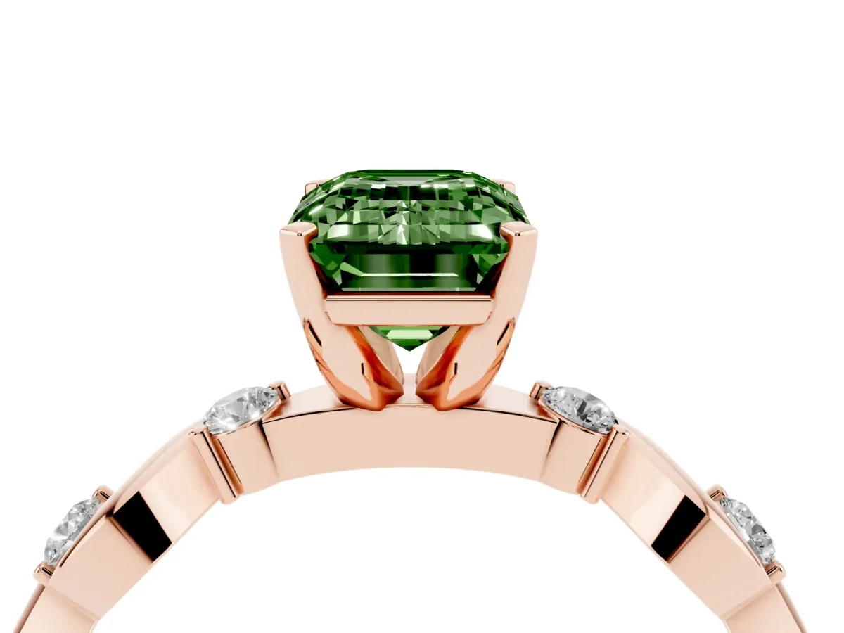 Fancy Green Emerald Cut Diamond Solitaire Twisted Band with Round Accents and Prong Setting Rose gold