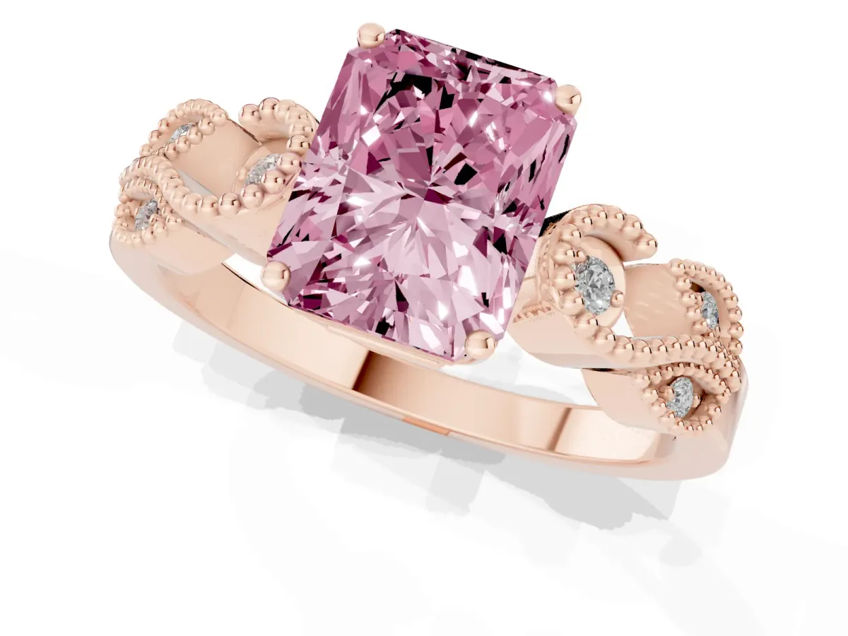 Fancy Pink Princess Cut Solitaire Milgrain Leaf Band with Prong Setting Rose gold