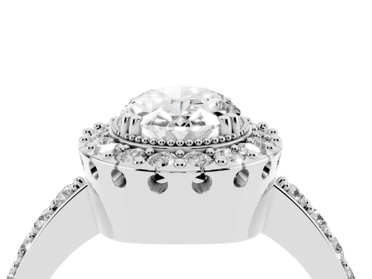 Oval Cut Diamond Halo Ring with Pavé Band and Prong Setting Silver
